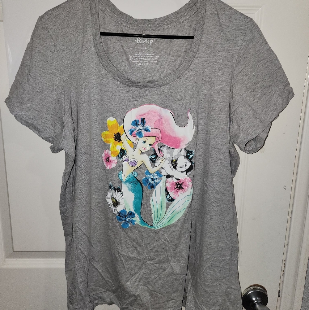 Disney Women's Gray Tee with Pink, Aqua & Yellow Ariel Graphic